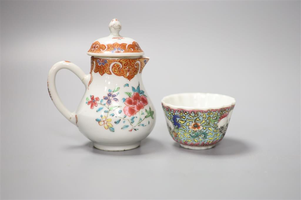 A Chinese famille rose cup, Yongzheng, a similar jug and cover, tallest 11cm